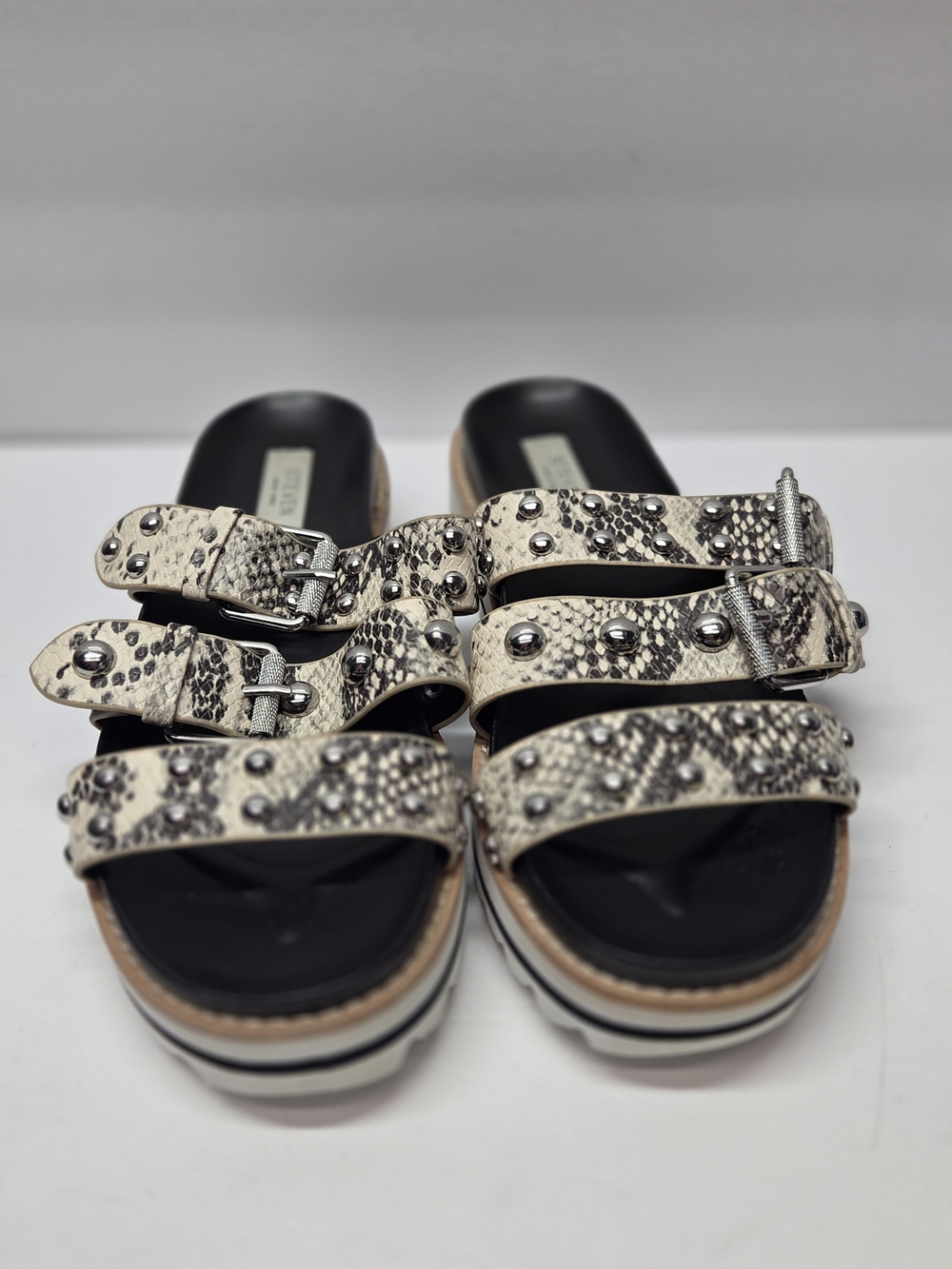 Steve Madden Snake-Print Studded Platform Slide Sandals - Black/Beige